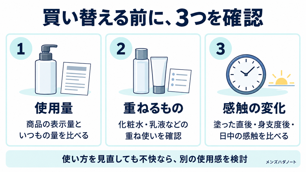 オールインワンがベタつくときに確認する使用量・重ねる化粧品・感触の変化